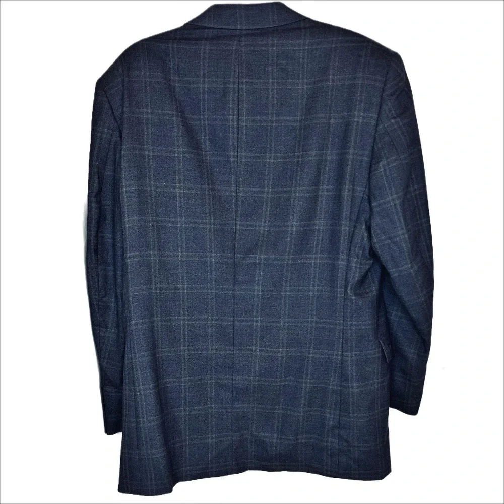 Jos A Bank Wool Sport Coat 44L Navy Blue Gray Windowpane‎ Plaid Gordon Blazer